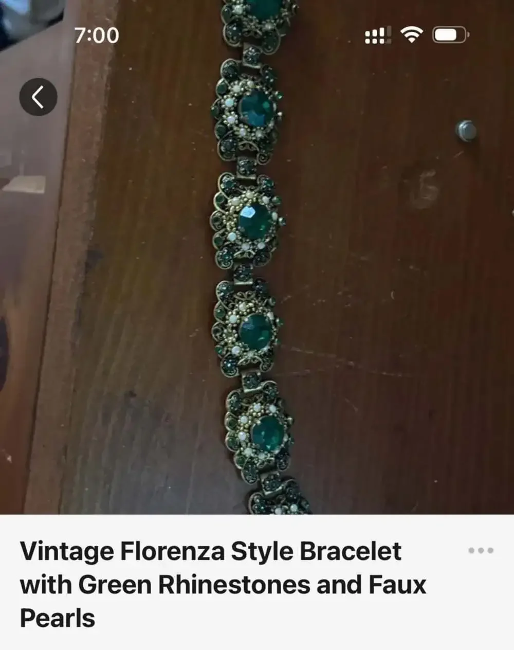 Vintage Florenza Victorian Link Bracelet with Green Rhinestones and Faux Pearls - Picture 2 of 2